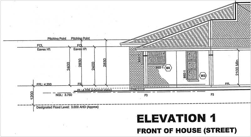 Figure 1: Required details on elevation plans. The elevation plan includes a survey level of the 100 year ARI and the finished floor levels.
