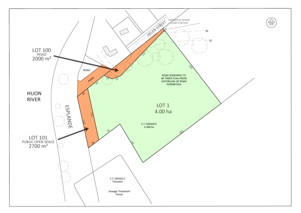A property map showing Lot 1 (4.00 ha) adjacent to Huon River, Lot 100 (2000 m²) labeled as a road, and Lot 101 (2700 m²) marked as public open space. Surrounding features include roads and tree symbols.