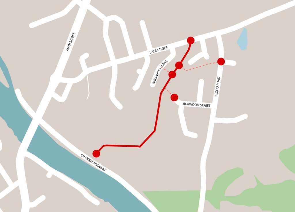 Map showing a red line indicating a route starting from Channel Highway, passing through Kingston Lane and Sale Street, and ending on another street. Nearby streets and a water body are marked in light blue and green areas.