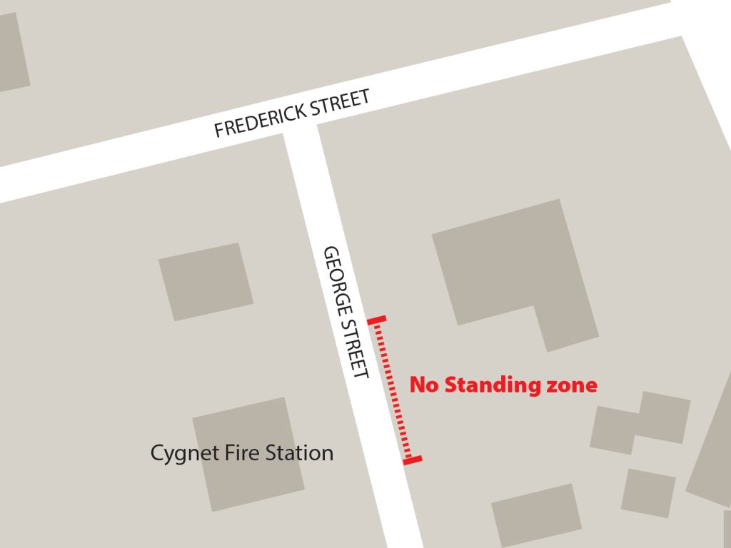 Map showing an intersection of Frederick Street and George Street. A No Standing zone is highlighted in red on George Street, near the Cygnet Fire Station.
