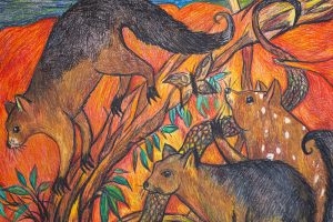 Colorful drawing of three large, brown, cat-like animals with long tails climbing on tree branches. The background features vivid orange and red hues, with green leaves adding contrast. The style is bold and dynamic with expressive lines.