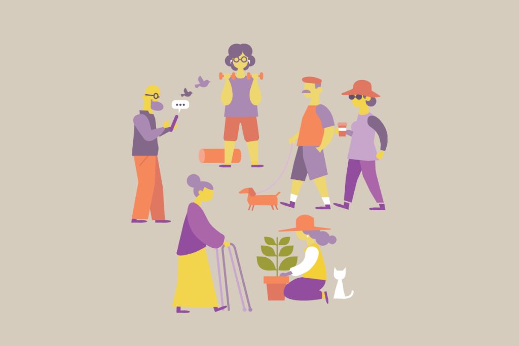 Illustration of diverse people engaging in outdoor activities: a person photographing birds, one exercising with dumbbells, another walking a dog, an elder with a cane, and someone gardening with a cat nearby. All figures are in vibrant colors.