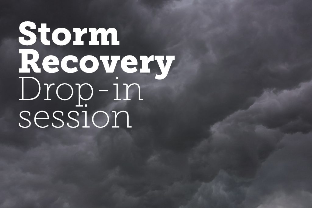 Dark storm clouds fill the sky with the text Storm Recovery Drop-in session in bold white letters on the left side of the image.