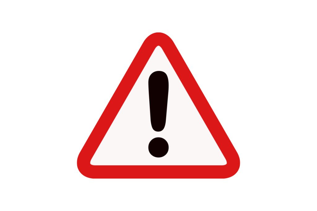 A black exclamation mark inside a white triangle with a red border, symbolizing a warning or alert.