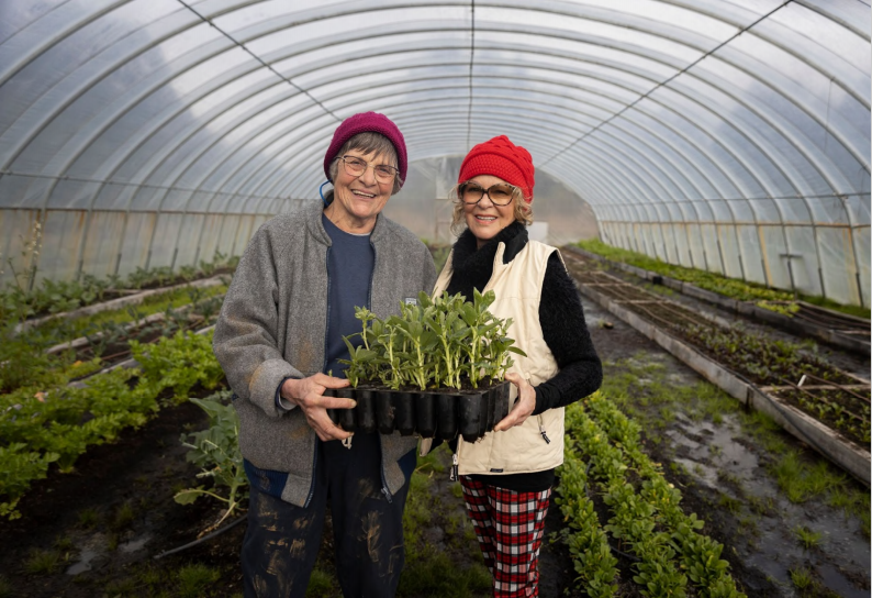 Two smiling people in a greenhouse, both wearing red hats and glasses, holding a tray of seedlings. The greenhouse is filled with rows of green plants and has a translucent arched roof. Both are dressed warmly, indicating a cool climate.