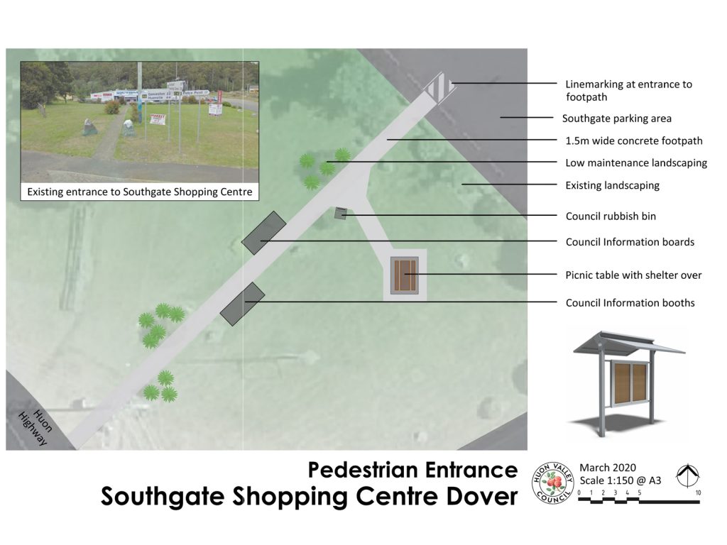 A diagram of a pedestrian entrance to Southgate Shopping Centre, Dover. It shows paths, landscaping, a parking area, a rubbish bin, a picnic table with shelter, and council information boards. Includes scale and a location map.