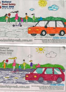 Children and adults near a road with a red car, a scooter, and people walking. The scene is colorful, featuring a sun and clouds. Part of a coloring competition for National Road Safety Week 2024.