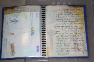 A handwritten and illustrated journal page titled In Twenty Years Time. The page includes text predictions about the future, dated 2020, with pencil drawings of a house, garden, airplanes, and a person in a car.