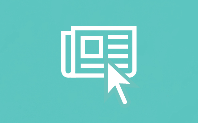 Icon of a newspaper with a large cursor arrow on a teal background, symbolizing online news or digital journalism.