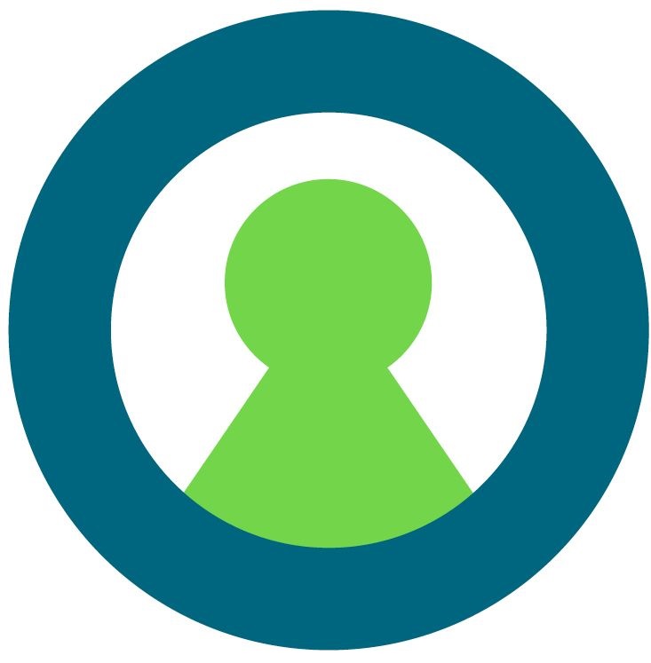 A green keyhole shape is centered within a white circle, surrounded by a thick teal circle. The design is simple and abstract.