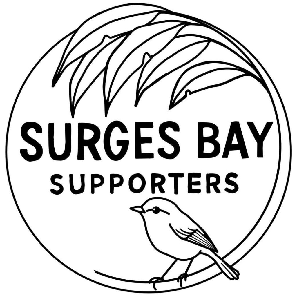 Black and white logo with the text SURGES BAY SUPPORTERS, featuring a small bird perched on the circles edge and eucalyptus leaves arching over the top.