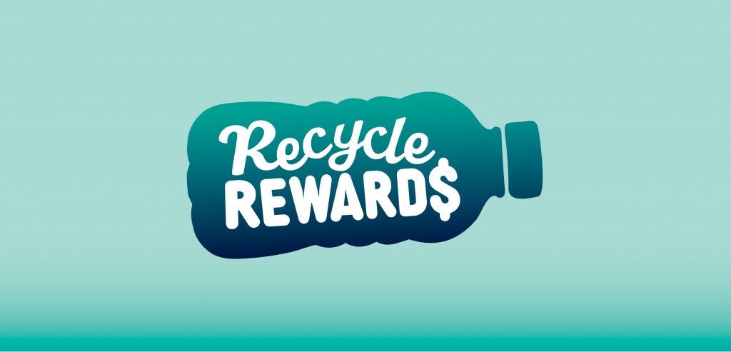 A graphic of a plastic bottle featuring the words Recycle Rewards in bold white letters, with a dollar sign replacing the letter S, set against a light teal background.
