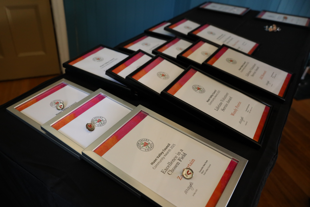 A table displays multiple framed certificates and enamel pins, arranged in neat rows on a black tablecloth, ready for an award ceremony. A blue wall and a door are visible in the background.