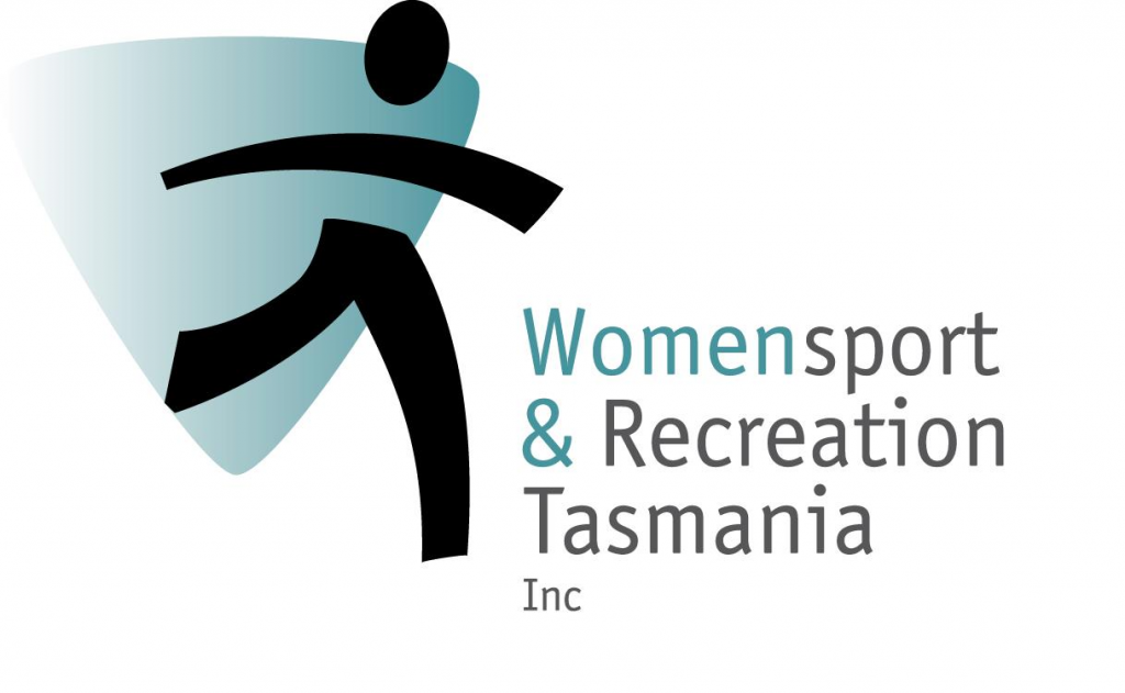 Logo for Womensport & Recreation Tasmania Inc features a stylized black figure in motion on a blue triangular background, with the organizations name in blue and gray text to the right.