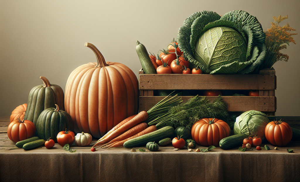 A rustic table displays assorted fresh vegetables, including pumpkins, carrots, cucumbers, tomatoes, and large cabbages, with a wooden crate holding more produce against a neutral background.