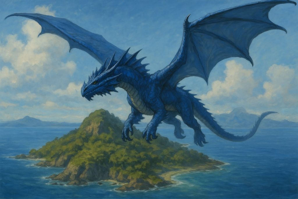 A large blue dragon with outstretched wings flies over a small lush island surrounded by the ocean, under a bright, partly cloudy sky.