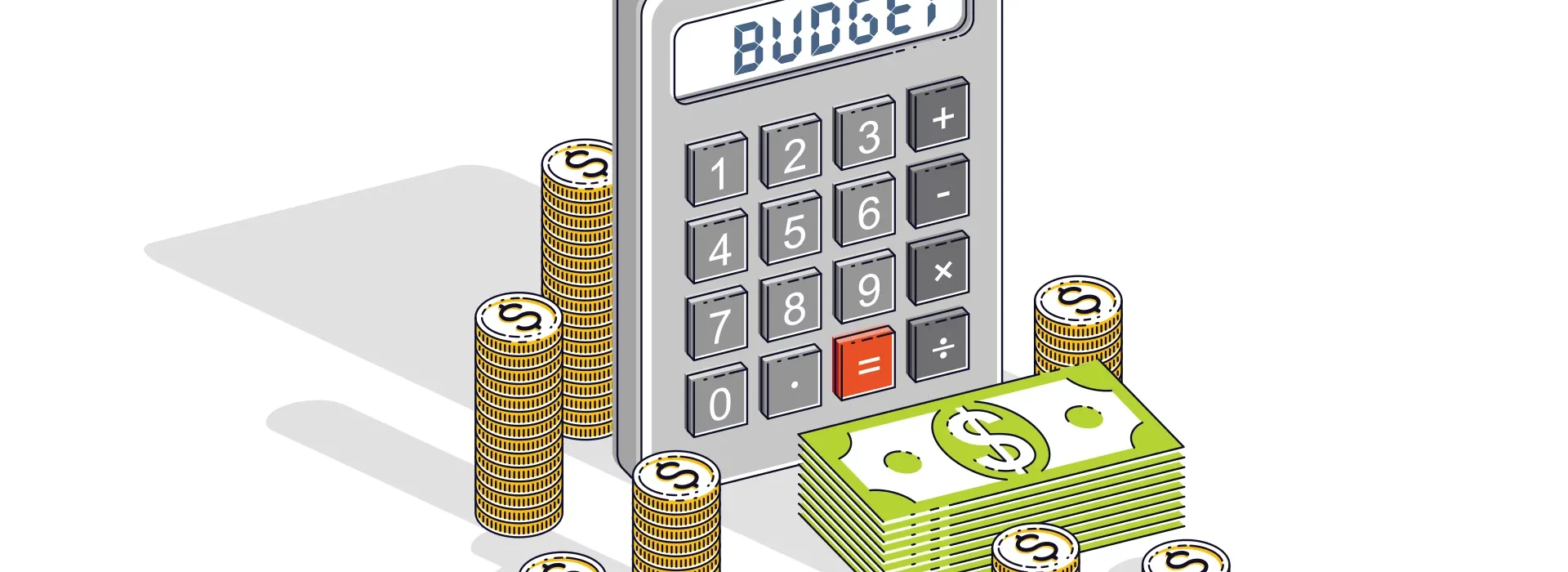 A calculator with the word BUDGET on its display stands beside stacks of gold coins and piles of paper bills with dollar signs, representing financial planning and budgeting.
