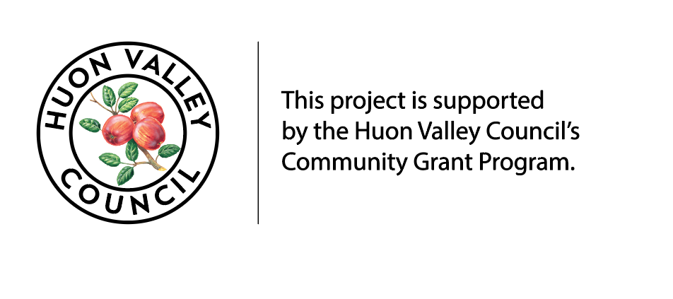 Logo of the Huon Valley Council featuring apples, next to text stating, This project is supported by the Huon Valley Council’s Community Grant Program.