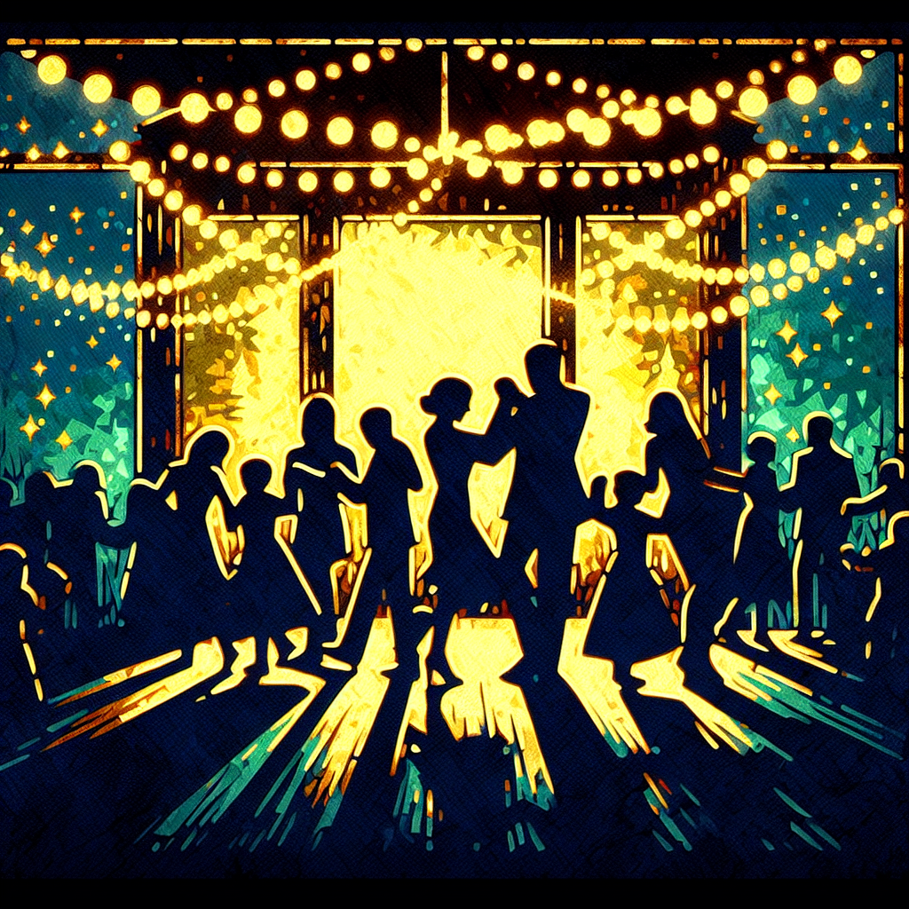 A lively group of people dances under string lights in a warmly lit room with large windows, casting vibrant shadows on the floor and creating a joyful, festive atmosphere.