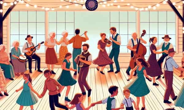 People of all ages dance joyfully in a bright hall with string lights, while musicians play instruments on stage. Sunlight streams in through large windows, creating a lively, cheerful atmosphere.