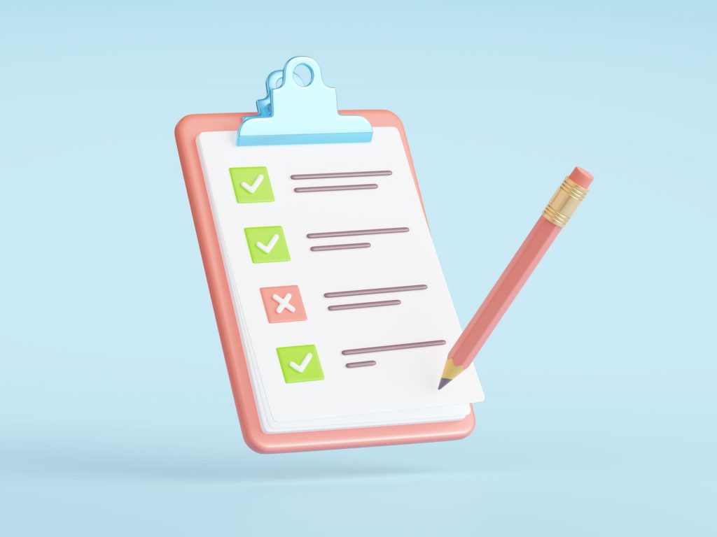3D illustration of a clipboard with a checklist; three green check marks and one red X mark. A large pencil is hovering near the clipboard, on a light blue background.