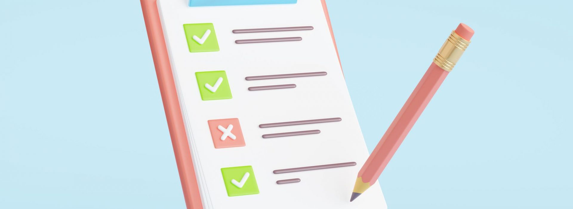 3D illustration of a clipboard with a checklist; three green check marks and one red X mark. A large pencil is hovering near the clipboard, on a light blue background.