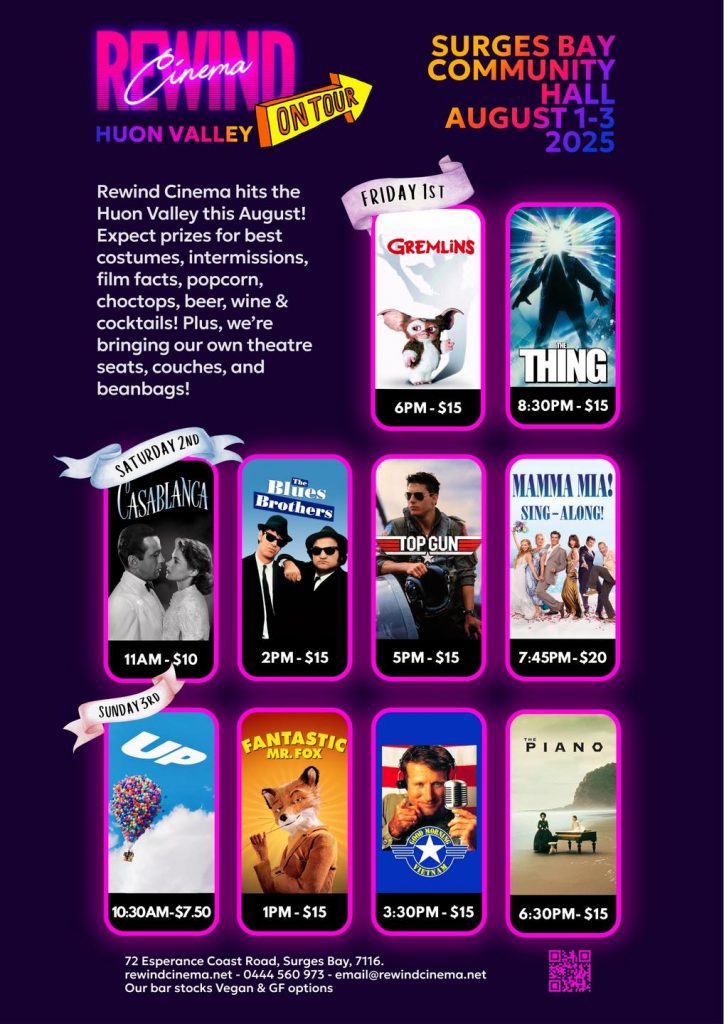Event poster for Rewind Cinema On Tour at Surges Bay Community Hall, August 1-3, 2025, featuring movie screenings like Gremlins, Casablanca, Top Gun, and more, with times, prices, and event details.