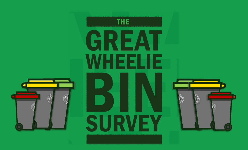 A green background with the words The Great Wheelie Bin Survey in bold black letters, surrounded by groups of grey wheelie bins with red, yellow, and green lids on both sides.