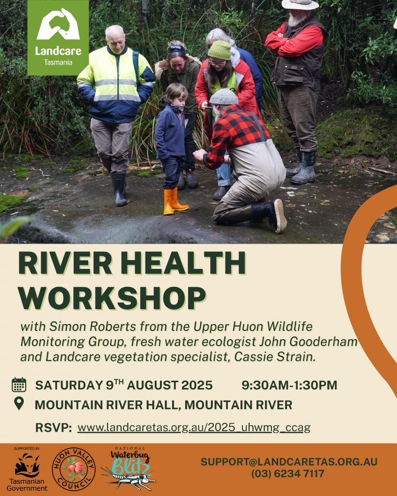 A group of people stand around a small river in a green forest, observing and discussing the water. Event text promotes a River Health Workshop on August 9, 2025, with details on time, location, RSVP, and contacts.