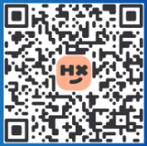A QR code with a blue border and a peach-colored smiley face with H X in the center. The code is designed for scanning with a smartphone or compatible device.
