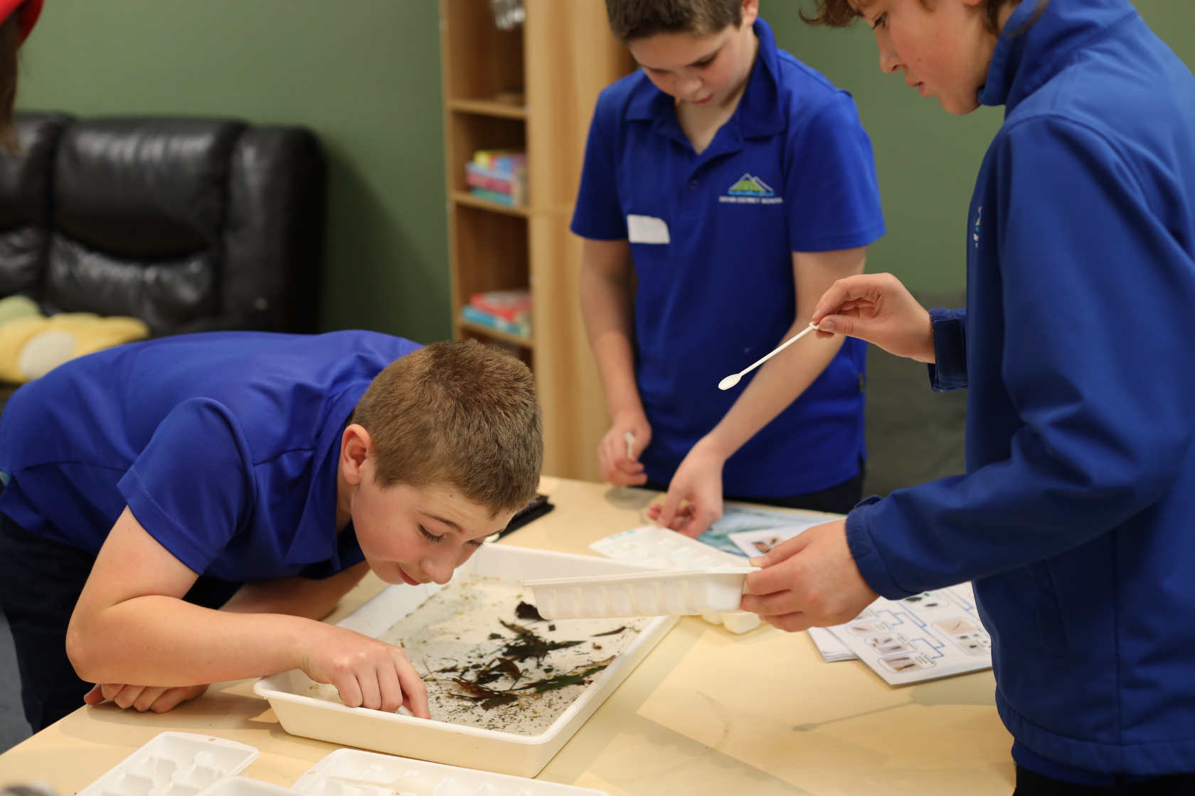 Three children in blue shirts examine trays with scientific samples on a table. One child leans in closely to observe, while the others use small tools and look at a sheet of paper, possibly for identification.