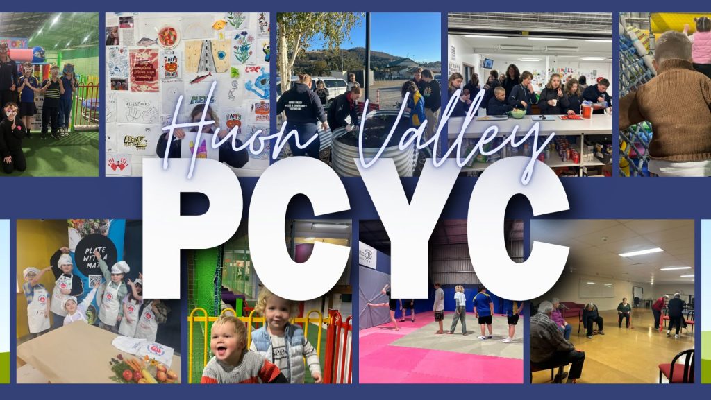 Collage of photos showing children and adults participating in various activities, such as arts and crafts, sports, and games, with large text overlay reading Huon Valley PCYC in white and blue letters.
