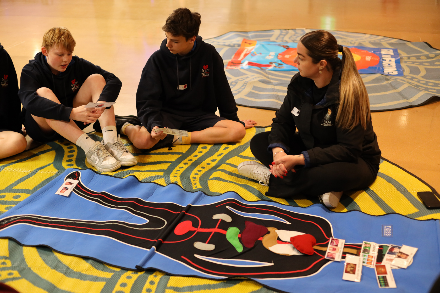 Three students and an instructor sit on a colorful mat, discussing anatomy cards placed on a large diagram of the human body spread out before them on the floor.