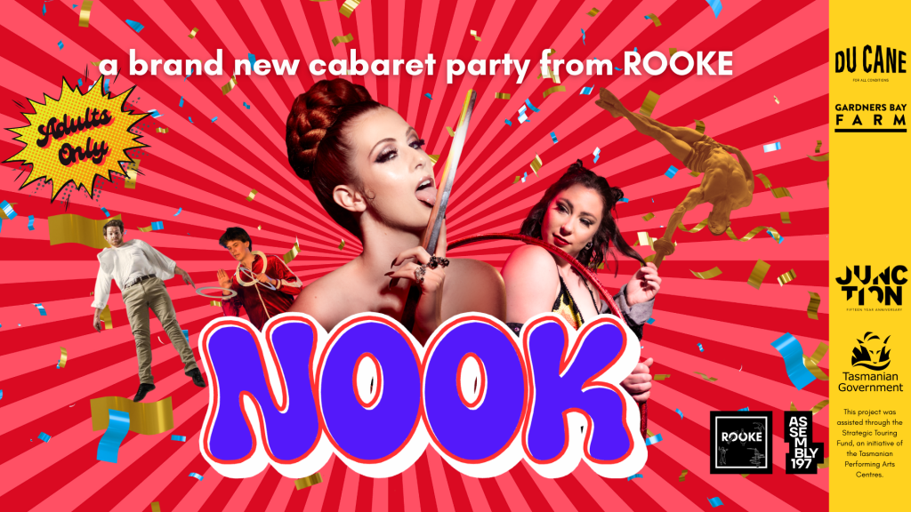 A vibrant cabaret poster featuring performers in colorful costumes, confetti, and bold text reading NOOK with a brand new cabaret party from ROOKE. Logos and an Adults Only starburst are also present.