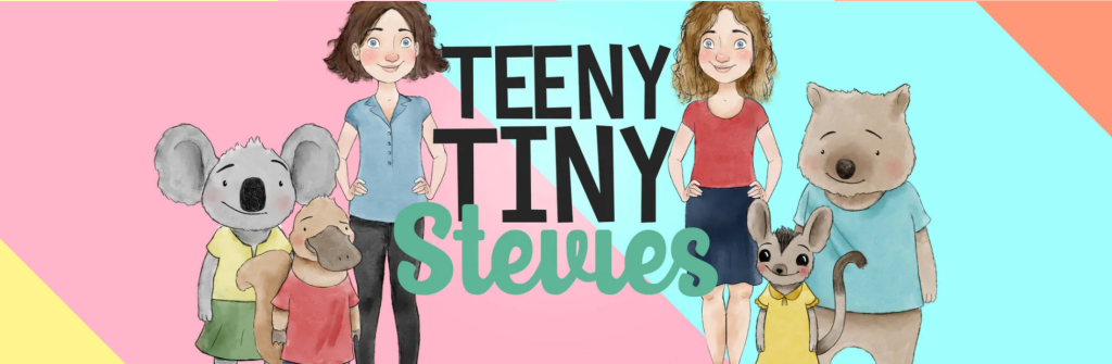 Illustration of two women standing with four animals (a koala, kangaroo, wombat, and dog), all smiling, in front of the colorful text Teeny Tiny Stevies on a pastel geometric background.