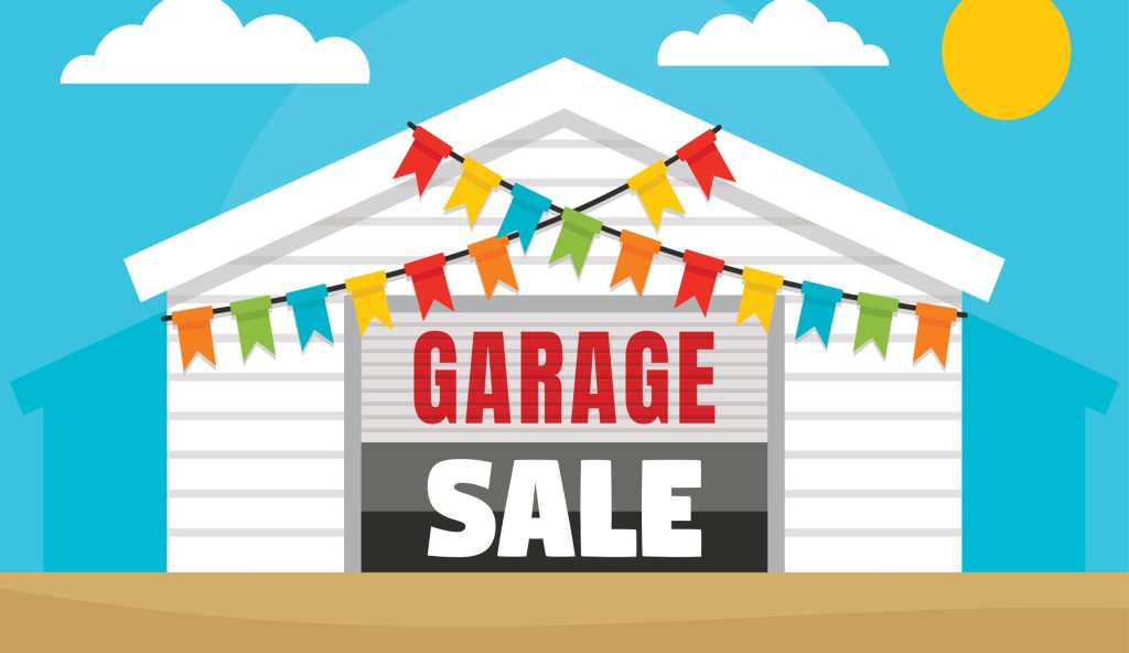 Illustration of a white garage with colorful pennant banners, a bright sun, clouds, and a large “GARAGE SALE” sign on the door. The scene suggests a cheerful outdoor garage sale event.