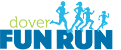 Logo for Dover Fun Run with silhouettes of four people running above the text, which has dover in green and FUN RUN in bold blue letters.