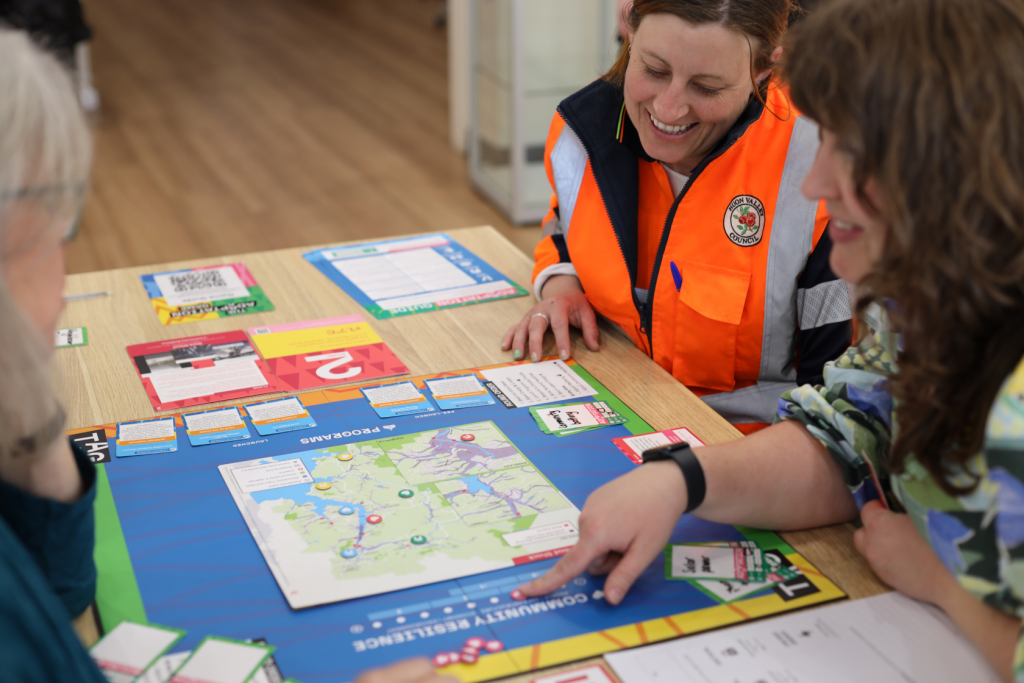 Three women sit around a table playing a community resilience board game. One woman wears an orange safety vest, and another points at a map on the board while they all smile and engage in discussion.