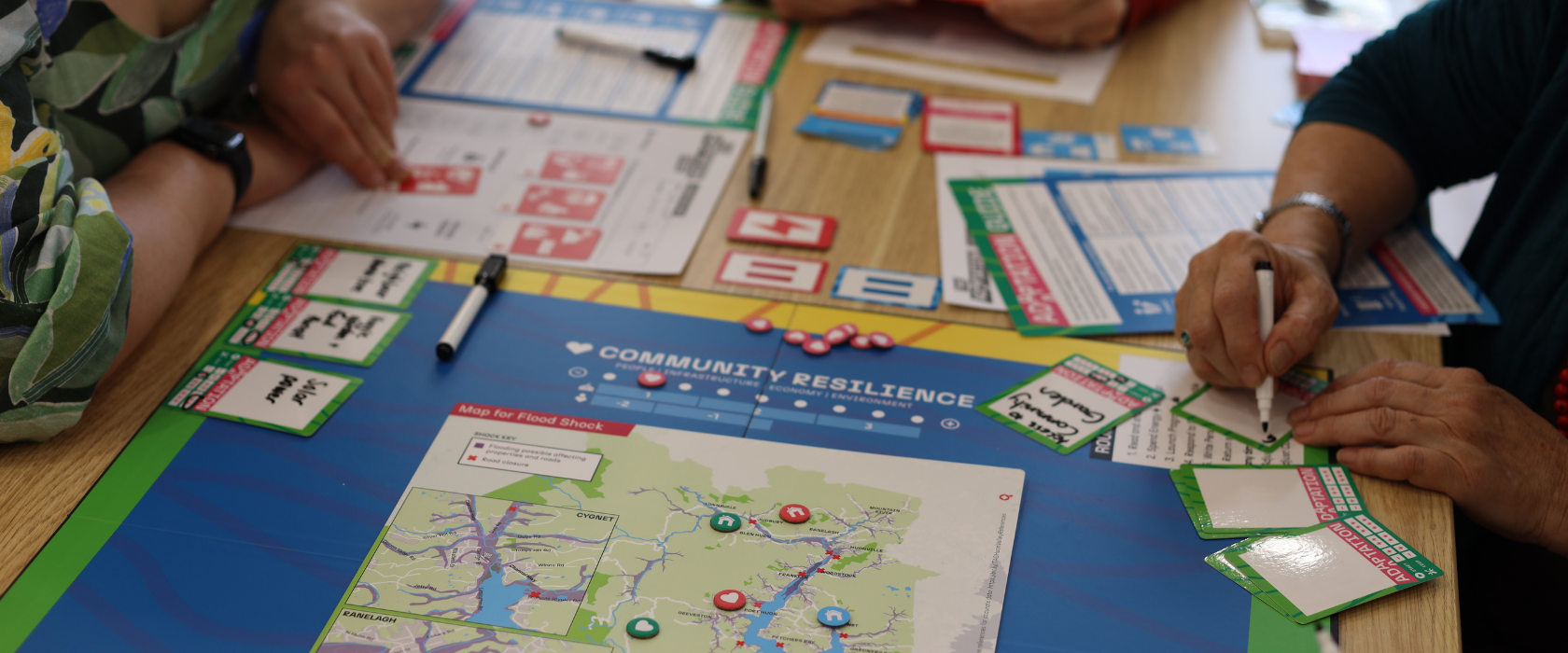 Three people sit around a table playing a board game called Community Resilience, which features a colorful map, cards, and paper sheets. They write notes and move pieces on the game board.
