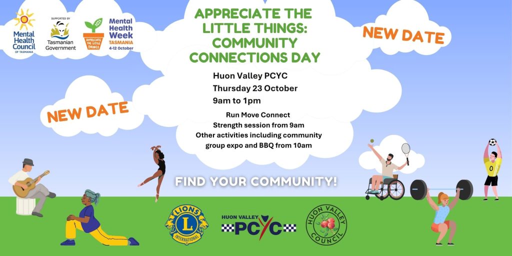Colorful flyer for Community Connections Day on Thursday, 23 October, 9amโ1pm at Huon Valley PCYC. Includes activities, strength session, BBQ, diverse illustrated people, and logos for local organizations and sponsors.