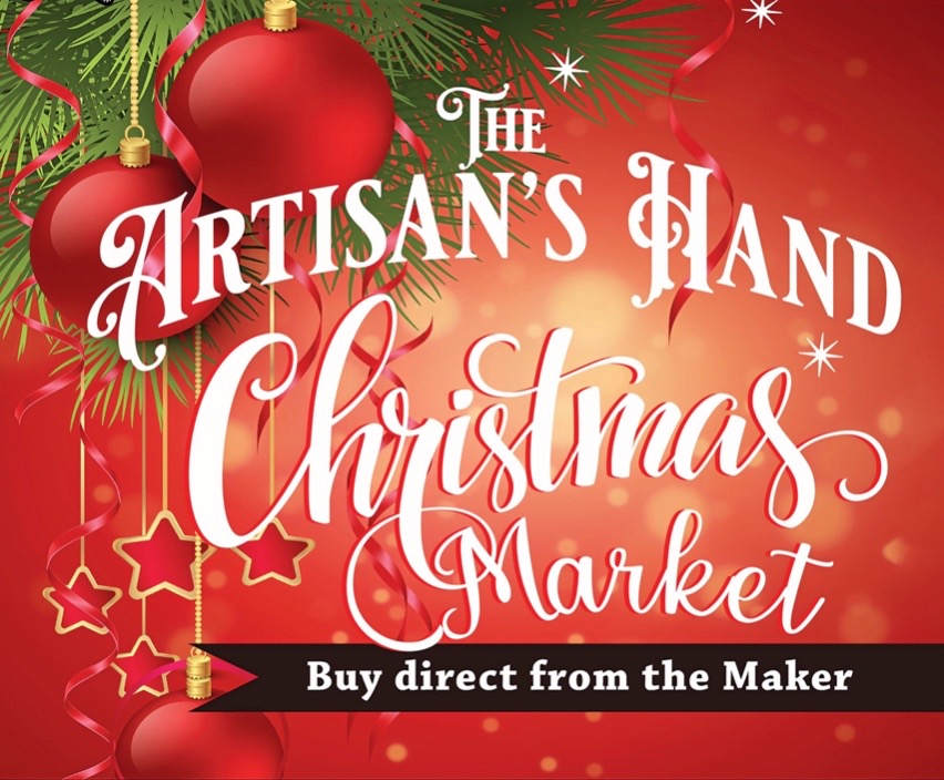 Red and gold Christmas-themed graphic with ornaments, pine branches, and stars. Text reads: The Artisans Hand Christmas Market. Buy direct from the Maker. Festive and inviting holiday market promotion.