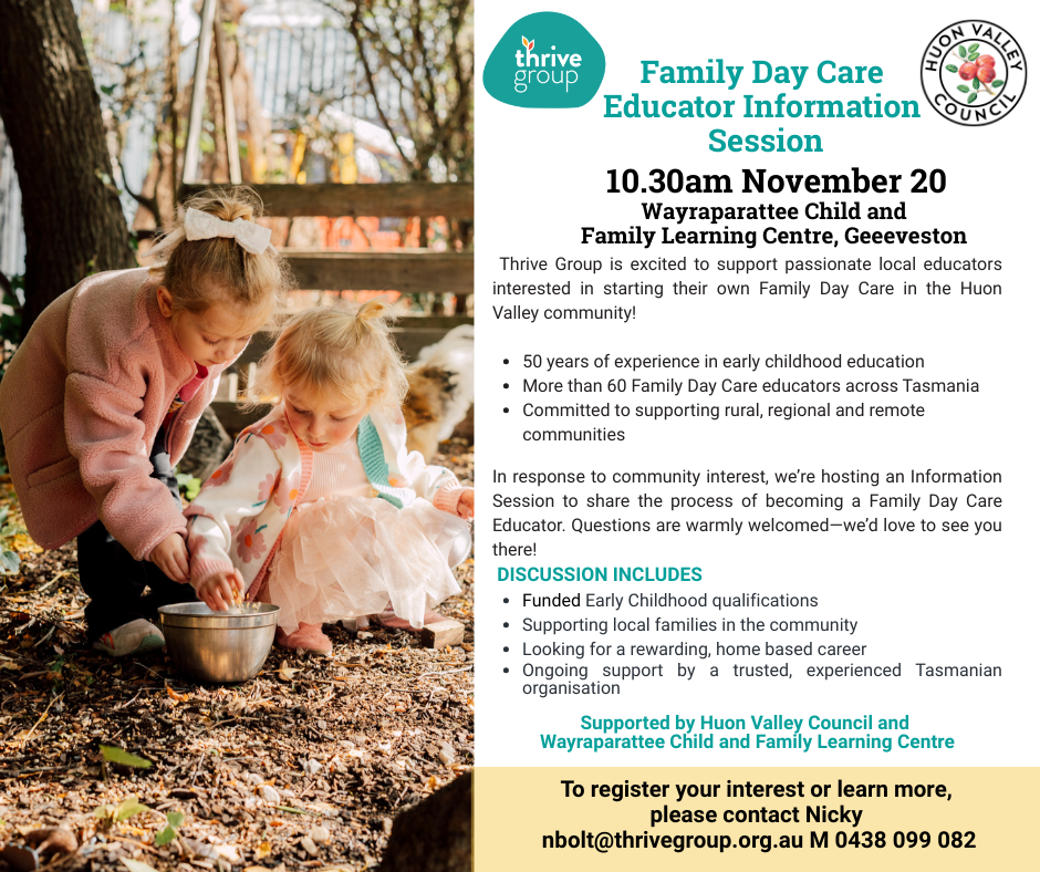 An informational flyer for a Family Day Care Educator Information Session on November 20 at Wayraparattee Child and Family Learning Centre. Includes session details, topics, and contact information with logos and a photo of children’s hands.