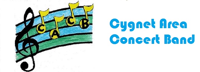 A colorful musical staff with a treble clef, notes labeled C, A, C, B, and text reading Cygnet Area Concert Band in bold blue letters on a white background.
