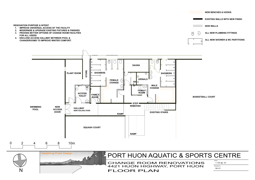 Floor plan of Port Huon Aquatic & Sports Centre showing renovated change rooms, showers, toilets, sauna, ramps, pool, basketball court, and squash court; new benches, finishes, and partitions indicated. North arrow included.
