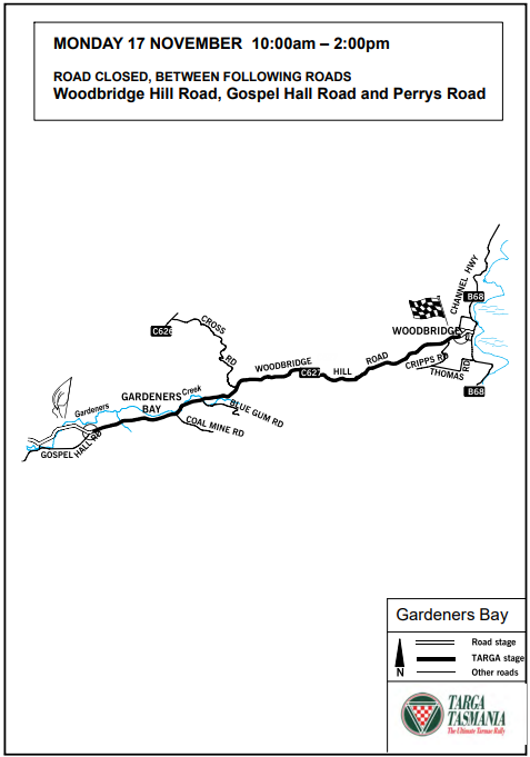 A black and white map showing a road closure on 17 November from 10am to 2pm, affecting Woodbridge Hill Road, Gospel Hall Road, and Perrys Road near Gardeners Bay, with a highlighted Targa Tasmania race stage route.