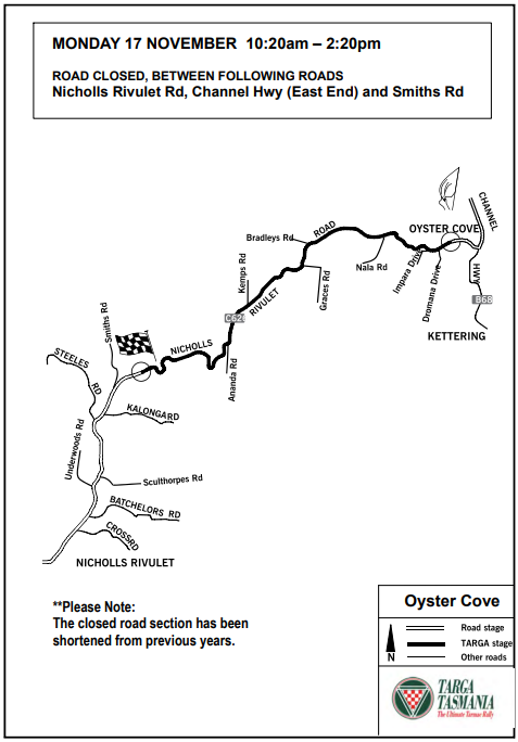 A black-and-white map shows road closures for a Targa Tasmania event on Monday, 17 November, 10:20am–2:20pm. Closed roads are highlighted between Nicholls Rivulet Rd, Channel Hwy (East End), and Smiths Rd.