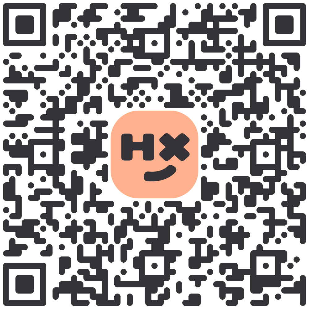 A black-and-white QR code with a peach-colored square in the center displaying a playful face and the letters H and X. The code is surrounded by three larger squares at the corners.