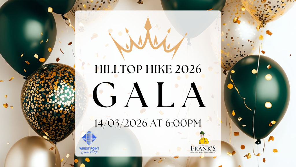 Black, gold, and white balloons with confetti surround a white square invitation for the Hilltop Hike 2026 Gala, set for March 14, 2026, at 6:00 PM, featuring logos for Wrist Point Community and Frank’s.