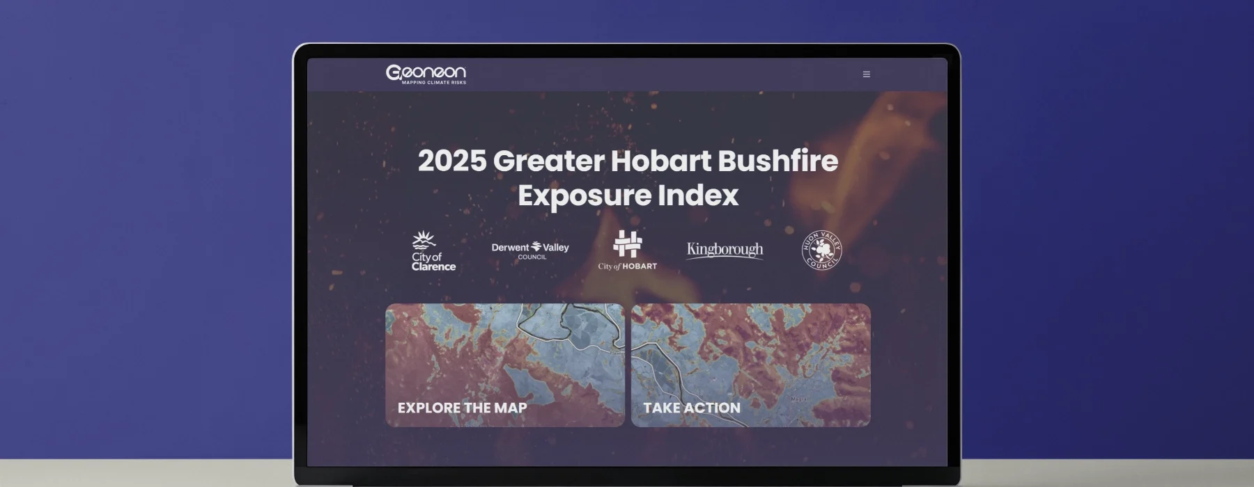 A laptop on a light desk displays a website titled 2025 Greater Hobart Bushfire Exposure Index with map visuals and options to Explore the Map or Take Action against a blue background.
