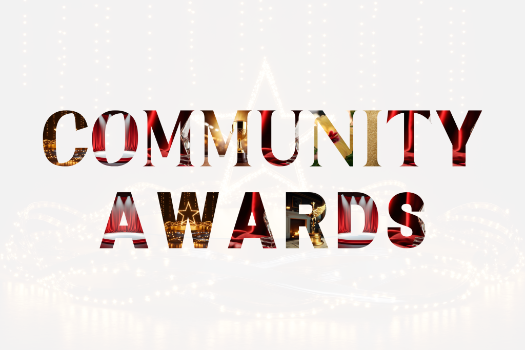 The words COMMUNITY AWARDS are displayed in large, bold letters filled with festive images, set against a light background with glowing white lights and a faint outline of a star.